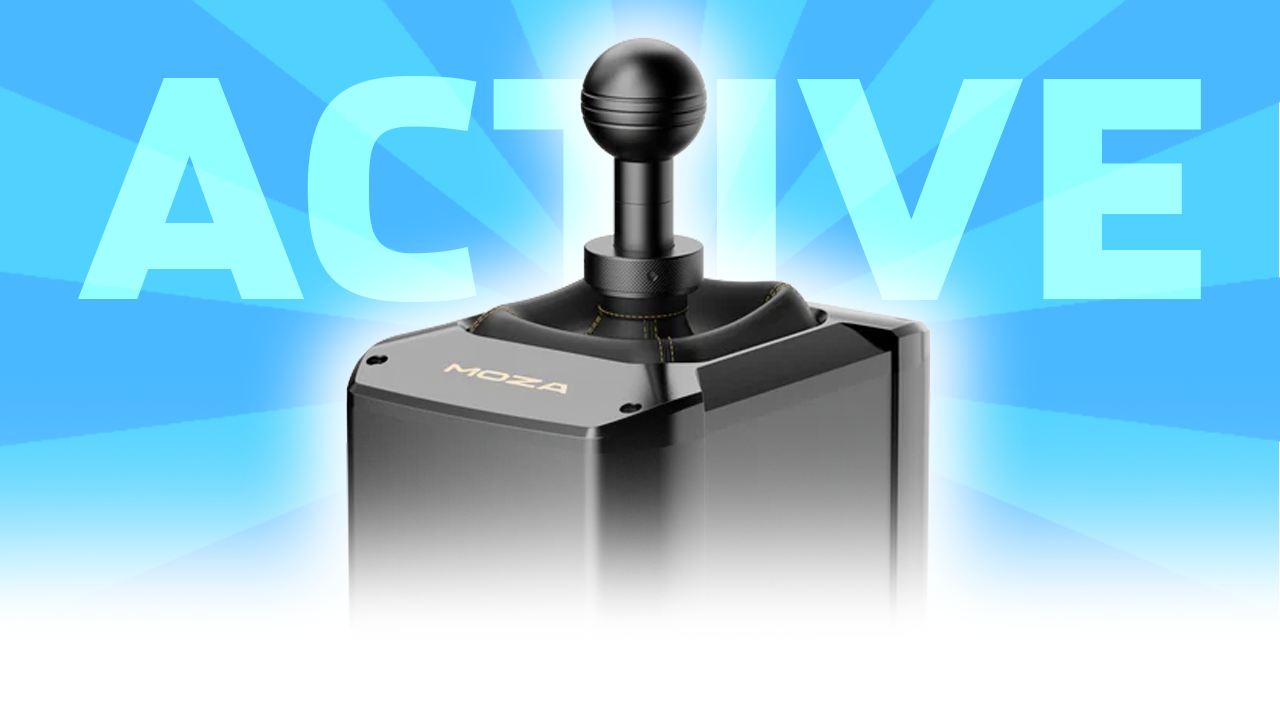 Moza Active Shifter in H-pattern mode connected to a simulator rig with the Moza AB9 base and faux leather shift boot visible.